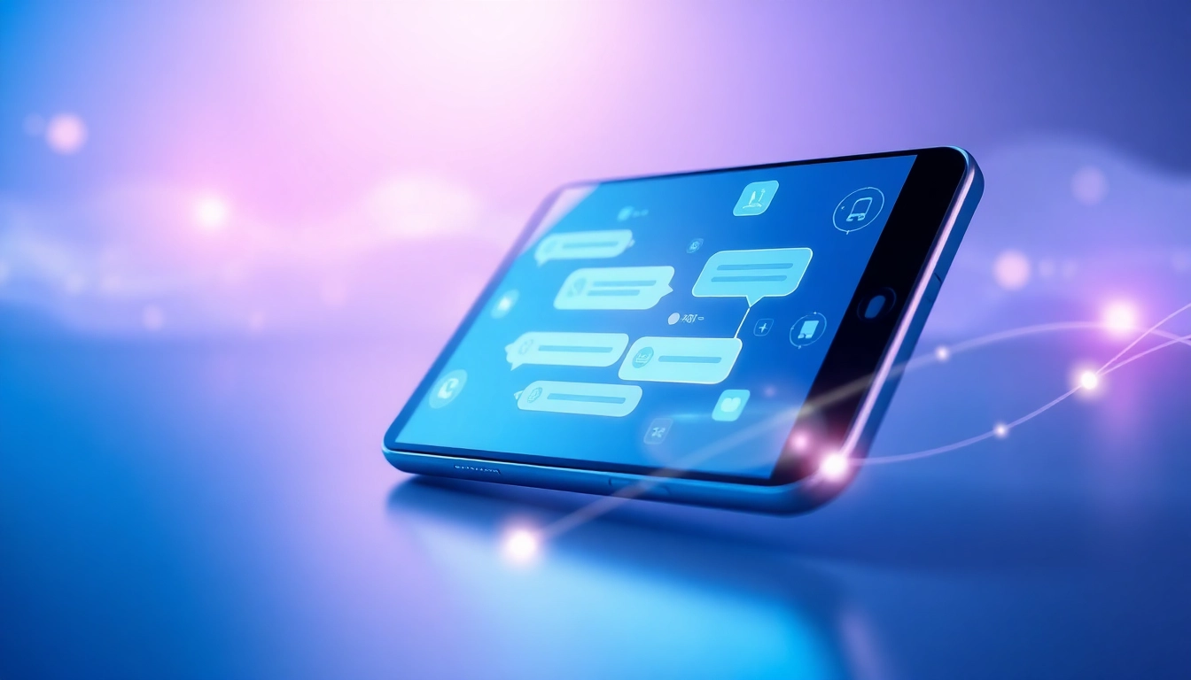 An illustration of a smartphone with a chatbot interface surrounded by glowing digital waves, representing advanced AI communication technology in a modern, inviting setting.