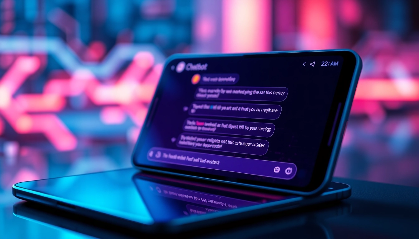 Close-up of a futuristic chatbot interface on a sleek device screen with vibrant colors and digital textures.