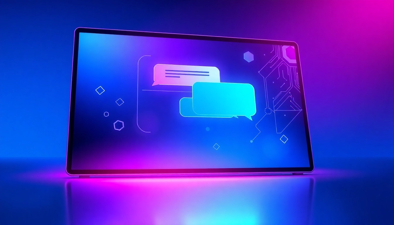 Futuristic AI chatbot interface on a digital screen with glowing text bubbles and tech-inspired background.