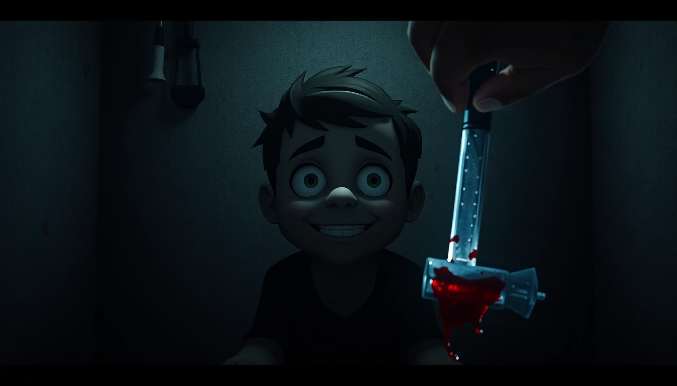 A disturbing scene of Harvey with a fearful expression, surrounded by dark shadows and ominous tools, highlighting the game's unsettling moral dilemma.