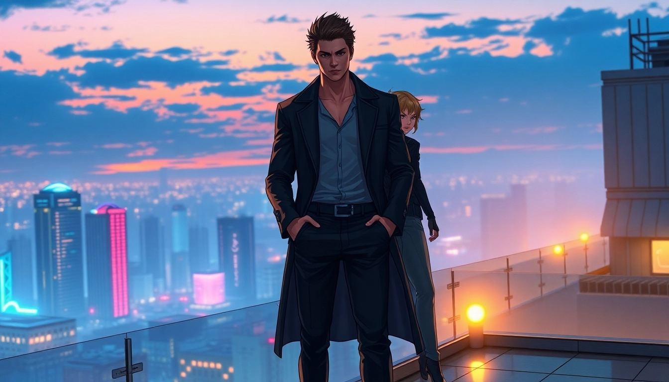 An urban rooftop scene featuring a confident alpha figure and a curious beta against a neon-lit city skyline at dusk.